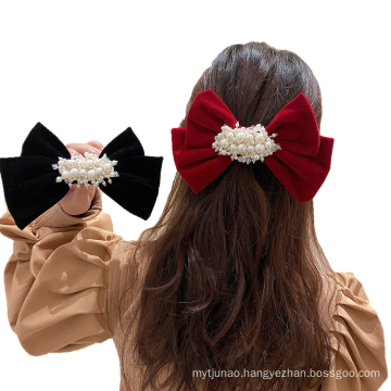 New Pearl Flannel Red Black Big Hair Barrettes Bow Knot Fashion Accessories Hairpin Korean Luxury Spring Clip